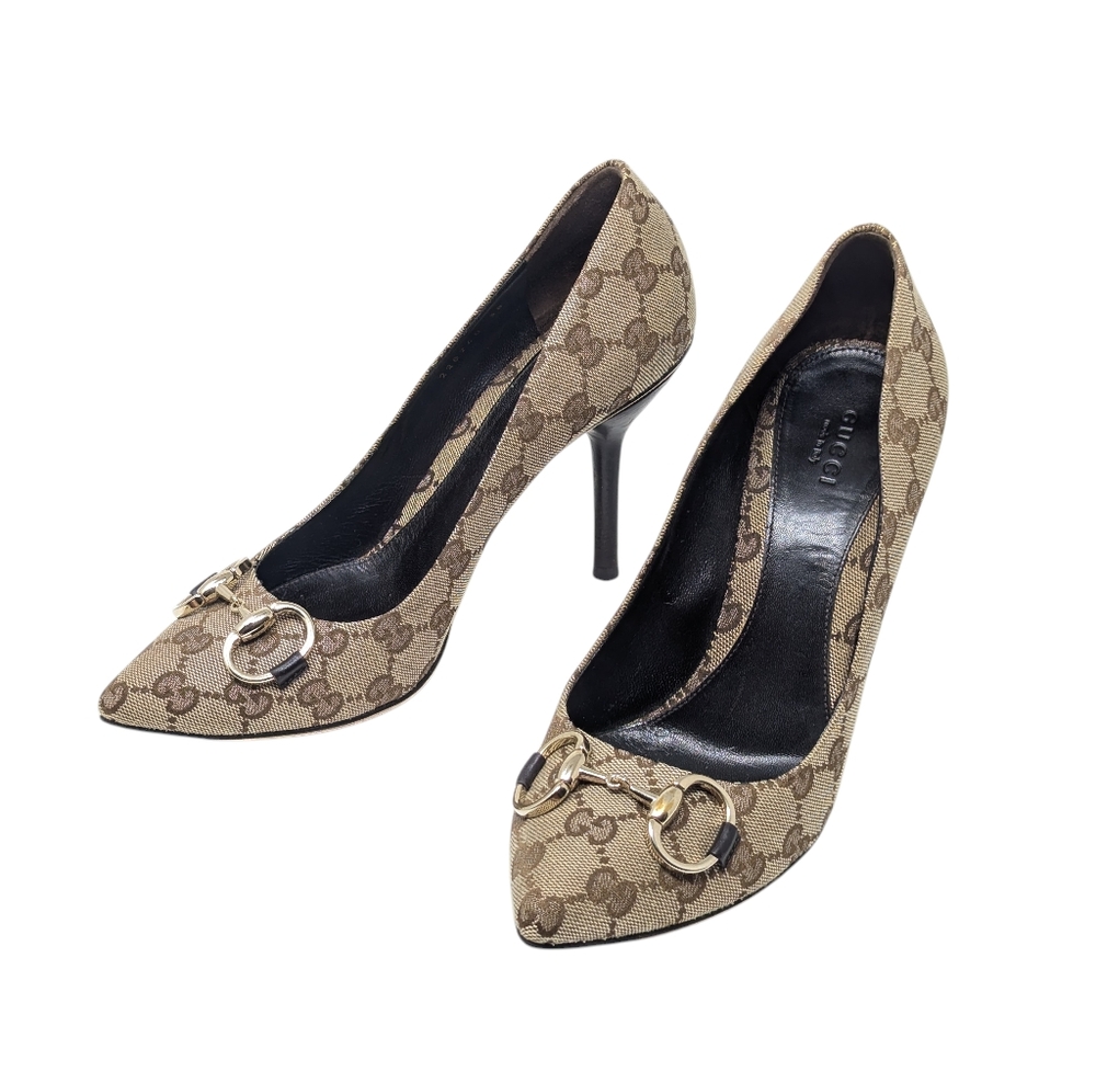 Gucci GG Monogram Horsebit Pointed Pump Size EU 38